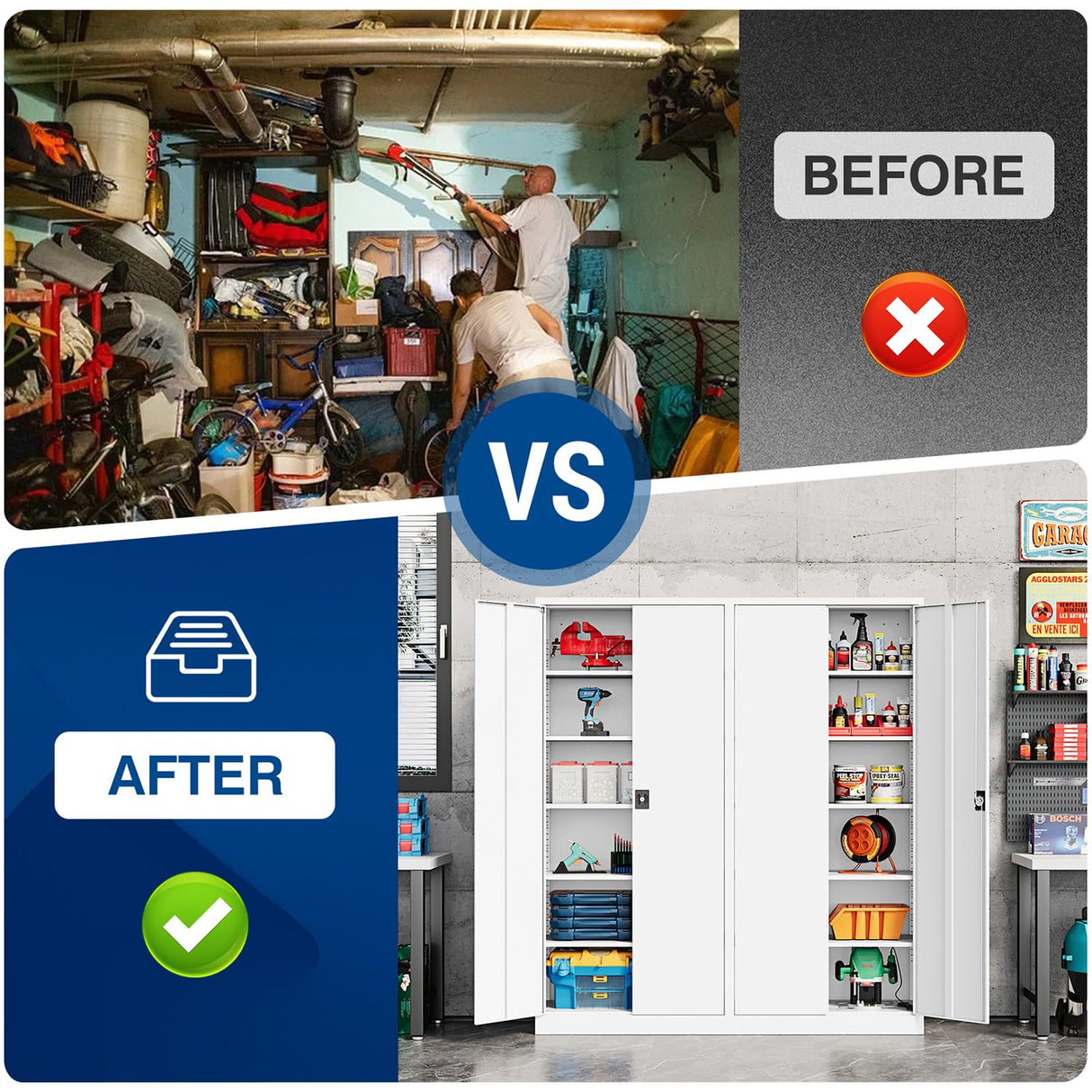 Fesbos Metal Storage Cabinet-72” Tall Steel File Cabinets with Lockable Doors and Adjustable Shelves-White Steel Storage Cabinet for Kitchen, Office, Garage Fesbos