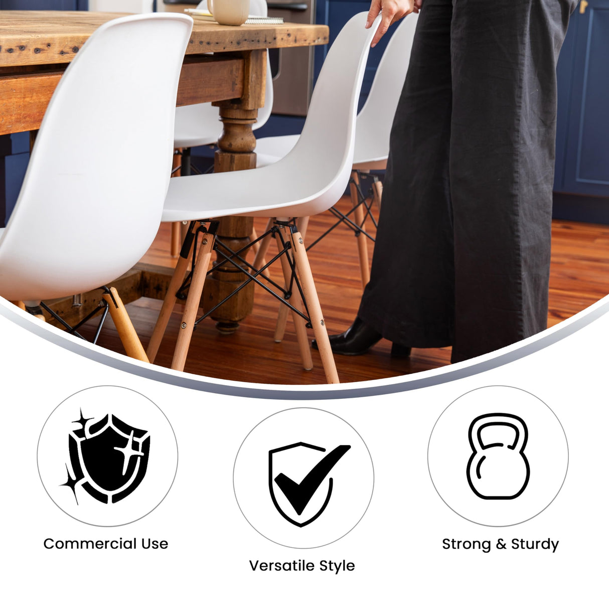 Flash Furniture Elon Series White Plastic Chair with Wooden Legs for Versatile Kitchen, Dining Room, Living Room, Library or Desk Use Flash Furniture