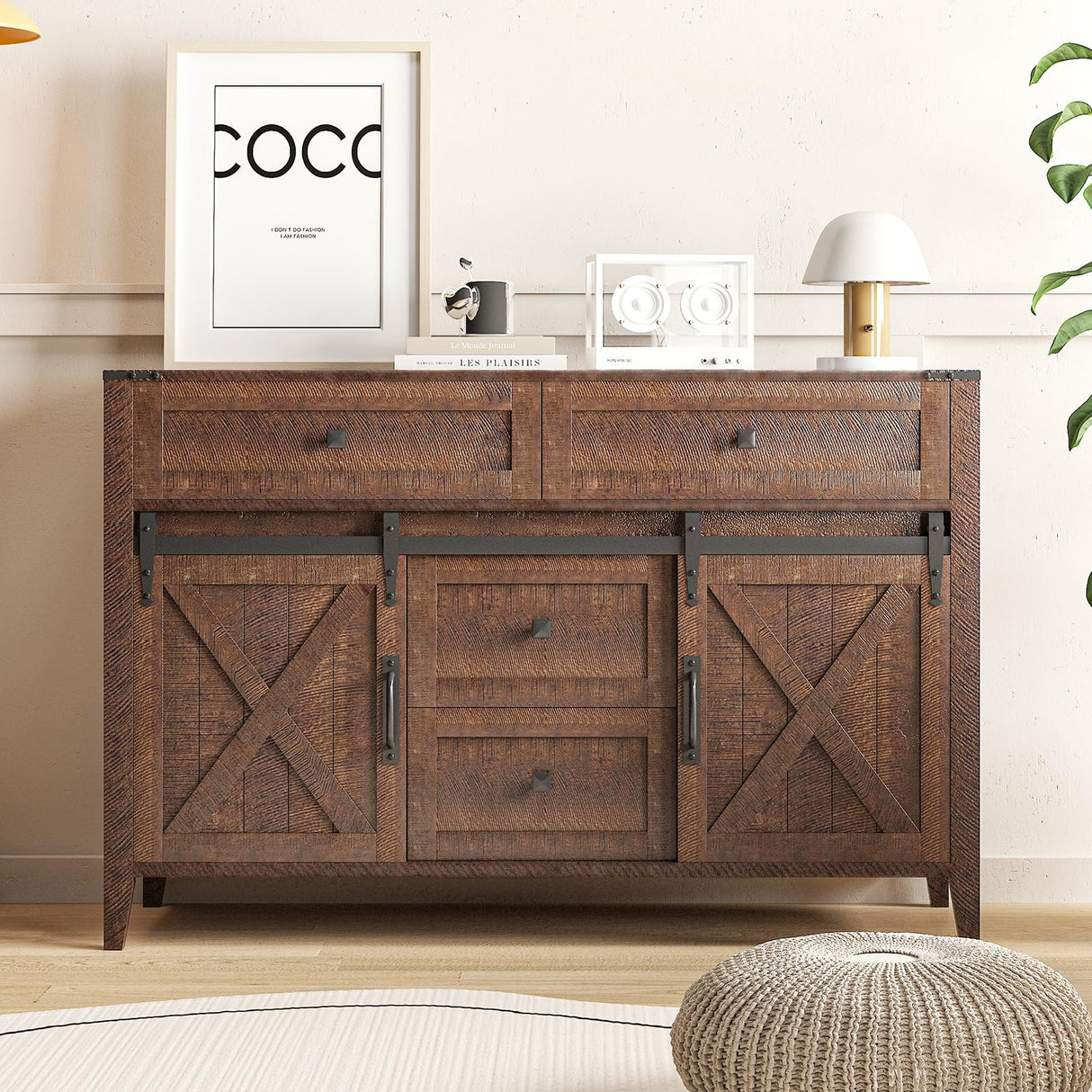 Farmhouse Dresser for Bedroom, Sliding Barn Door Dresser with 4 Drawers, Kids Dresser & Chest of Drawers for Clothes Storage, Wood Dresser TV Stand, 47" Redwood Rustic GlouMod