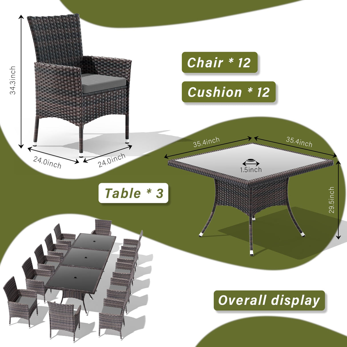 RTDTD 15 Pieces Patio Dining Set Outdoor Rattan Furniture Dinning Set with 3 Square Glass Tabletops 12 Chairs with Grey Cushions for Patio, Backyard Outdoor Kitchen Lawn & Garden RTDTD