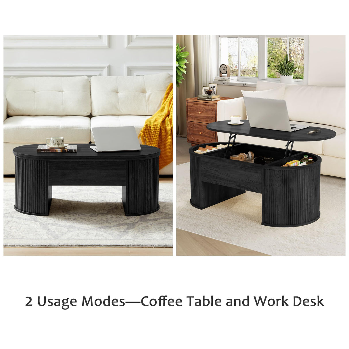QHITTY Fluted Coffee Table with Lifting Top, Oval Wood Lift Top Coffee Table with Hidden Compartment, Mid Century Pull up Center Tables for Living Room, Office - Black QHITTY