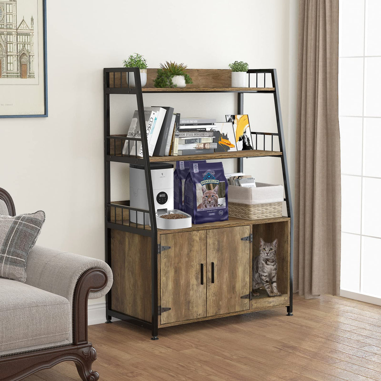 GDLF Large Hidden Cat Litter Box Enclosure Furniture with Shelf Wood Sturdy Cat Washroom Storage with Scratch, Light Brown GDLF