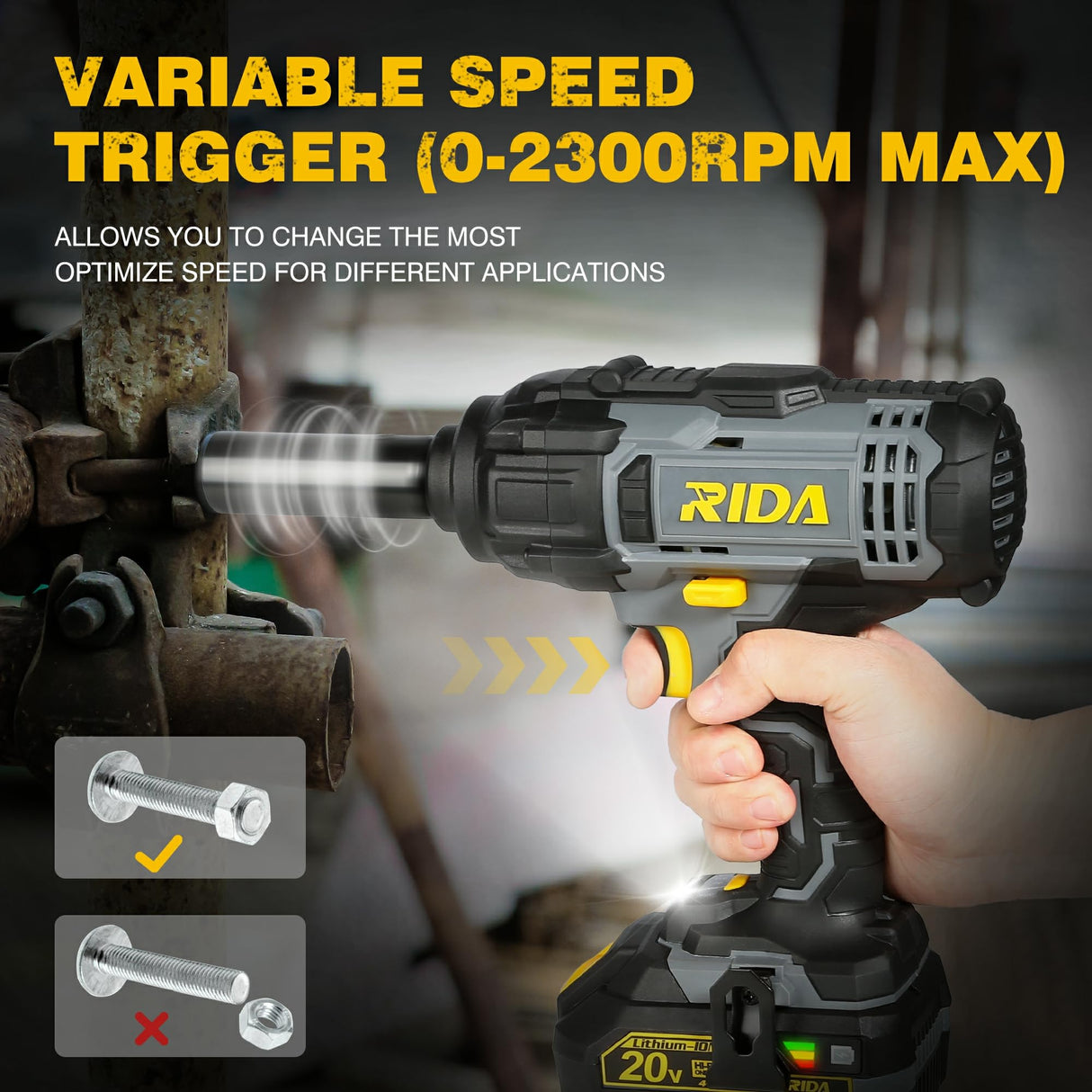 RIDA Cordless Impact Wrench, 1/2 POWER Impact Gun w/ 5 Torque Options Max 300 Ft-lbs (400N.m) Power w/ 4.0Ah Li-ion Battery & 1 Hour Fast Charger, 4 Sockets, Electric Impact Wrench for Car Home RIDA