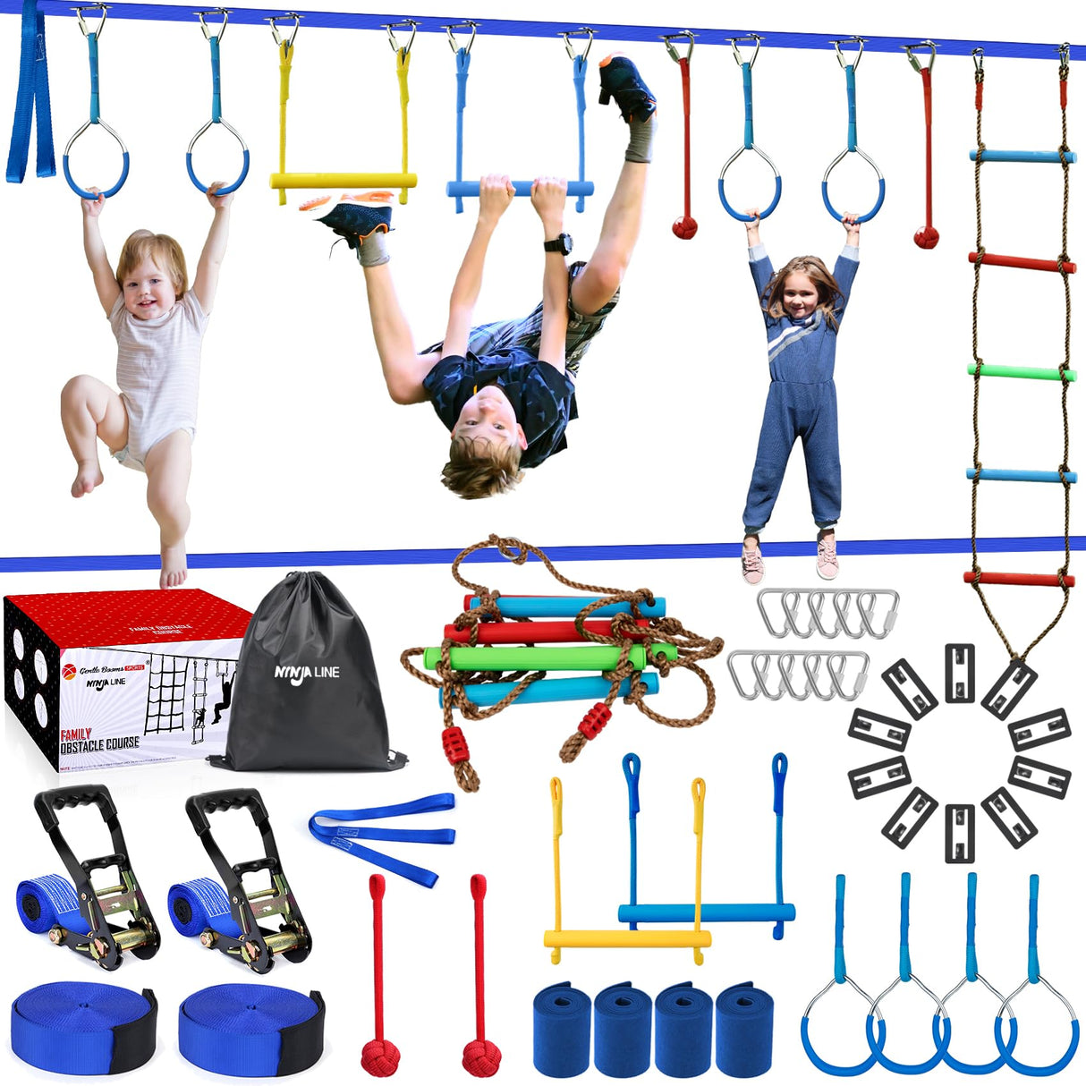 NINJA LINE 2x56FT Ninja Warrior Obstacle Course for Kids, Ninja Slackline with 11 Accessories, Slackline Kit with Pulley, Rope Ladder, Monkey Bar,Arm Trainer, Climbing Rope ninja line