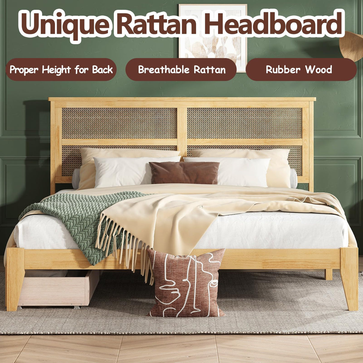 HRVEOCEI Boho Bed Frame King with Rattan Headboard, Rattan Bed Frame& King Beds Frames with Wood Legs, Solid Wood Beds Frames with Storage Underneath,Easy Assembly (White Oak, Kings) HRVEOCEI