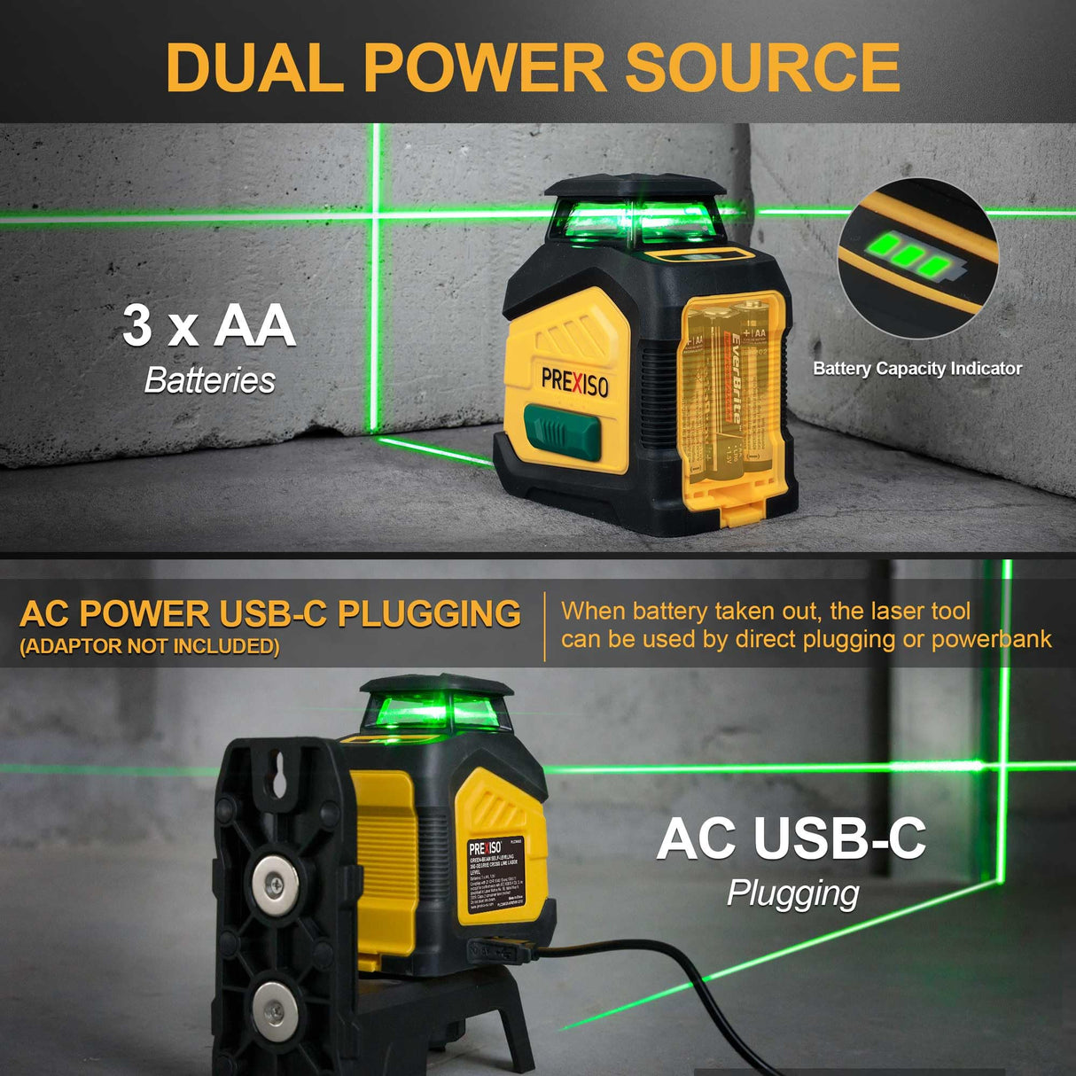 PREXISO 360° Laser Level with Tripod, 100Ft Dual Power Self Leveling Cross Line Laser- Wide Angle Vertical Line for Construction, Floor Tile, Renovation with Magnetic Base, Wall Panel Stand, Carry Bag Prexiso