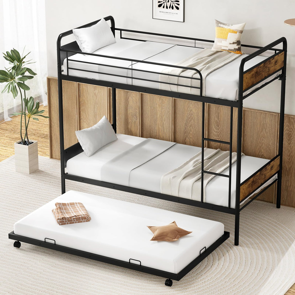 Giantex Metal Twin Over Twin Bunk Bed with Trundle, Industrial Twin Bunk Beds with Ladder & Full-Length Guardrails, Space Saving Bunk Bed for Teens, Adults, Guests, No Box Spring Needed, Black Giantex
