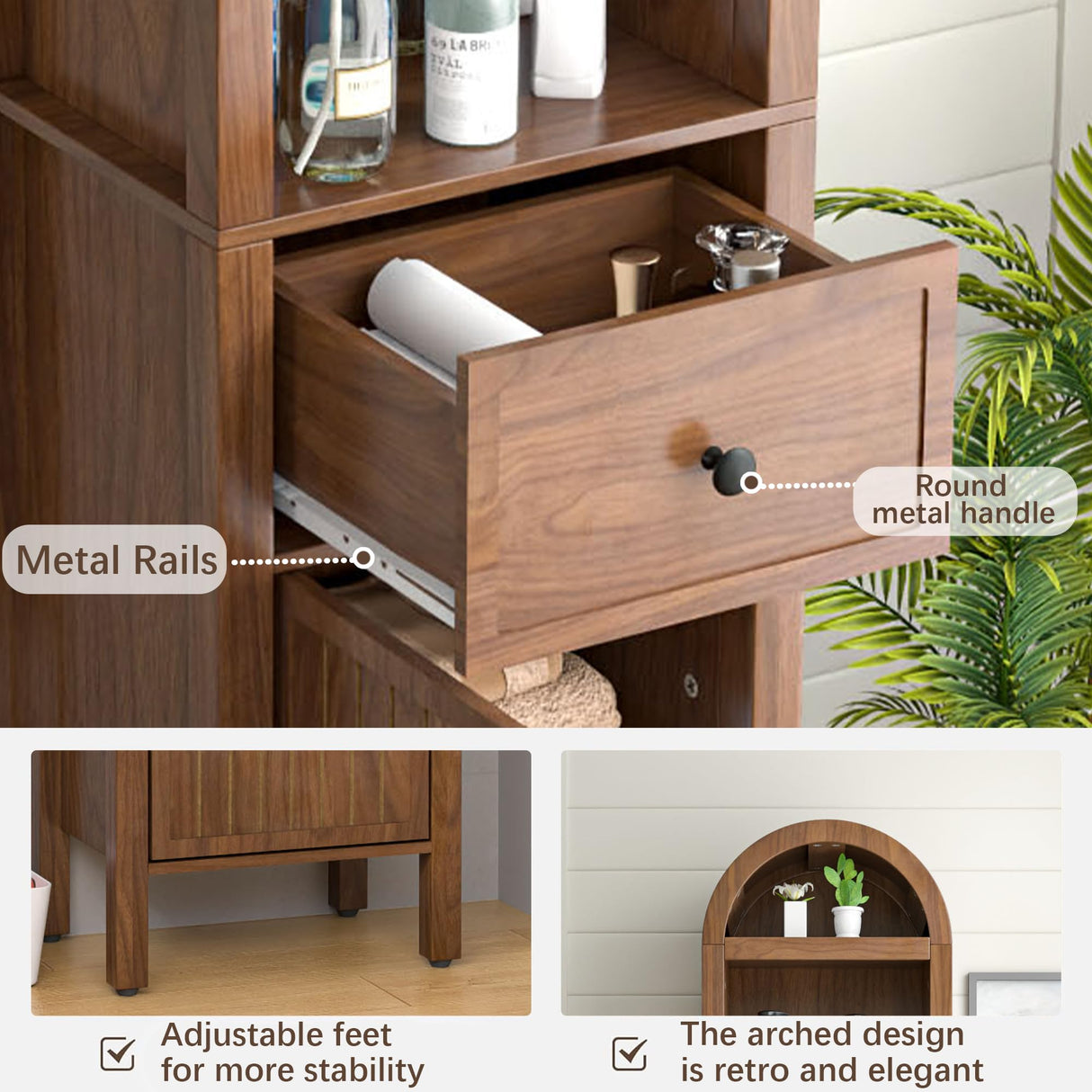 Lxsxlome 64" Tall Bathroom Storage Cabinet with Adjustable Shelves,Tall Narrow Arched Freestanding Tower Cabinet with Fluted Doors and Drawers,Space Saving Organizer for Bathroom Living Room (Walnut) Lxsxlome