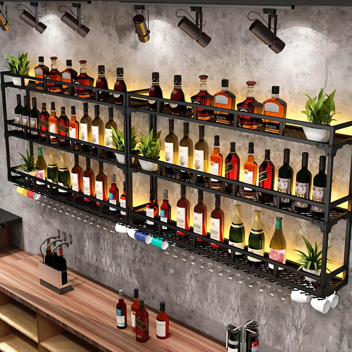 Wall Mounted Wine Rack with LED Light, Floating Liquor Glass Holder 3 Tiers, Large Metal Wine Bottle Display Rack Hanging Shelf, for Home Bar Dining Room Decorative(black, 39.42x35.43x9.84in) RAJYQODIS