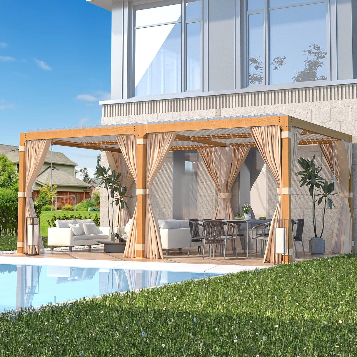 EROMMY Louvered Pergola 12' x 20' Outdoor Hard Top Gazebo with Wooden Grain Aluminum Frame and Adjustable Metal Rainproof Roof for Garden & Patio, EROMMY