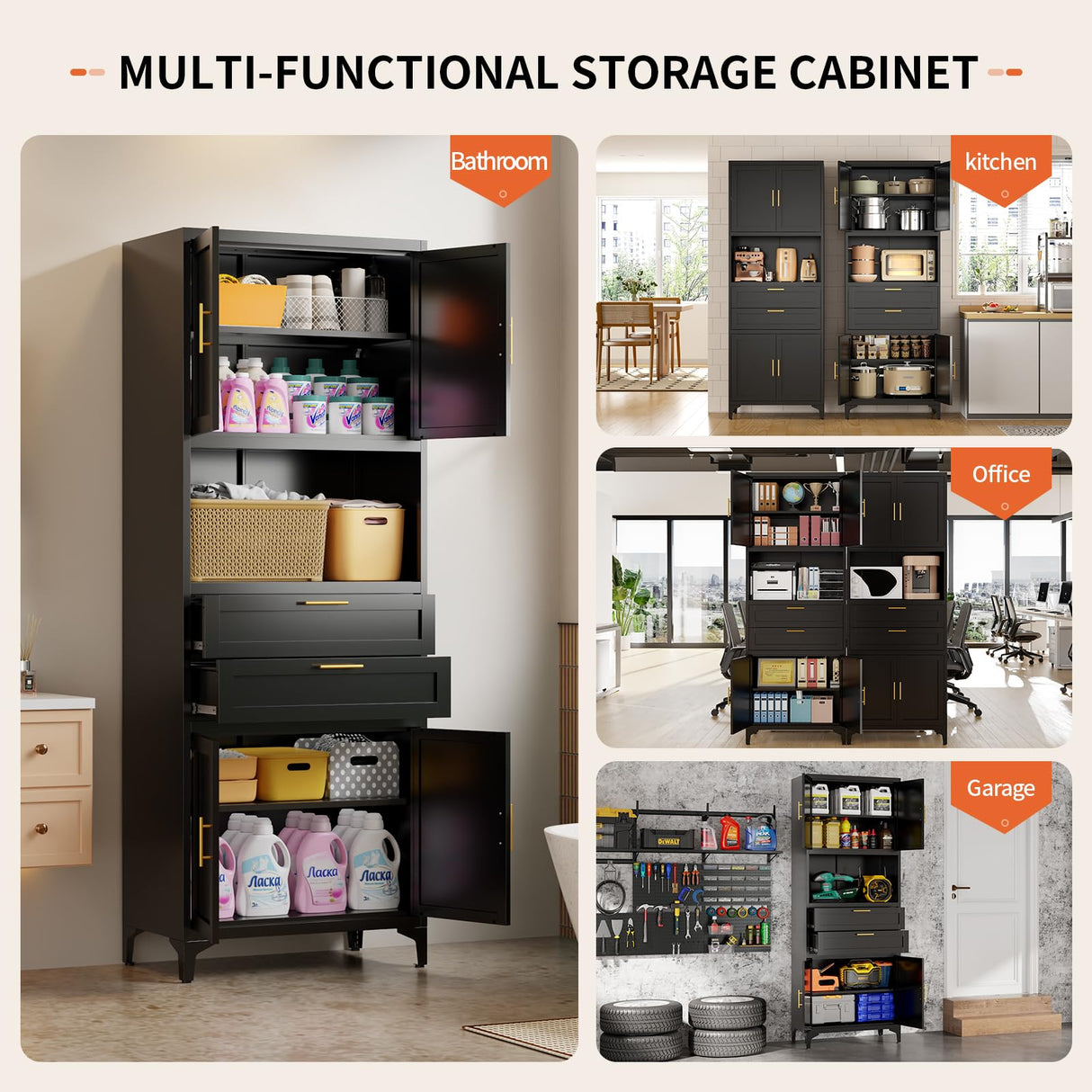 steelftyn 75" Pantry Storage Cabinet, Metal Cupboard with 2 Drawers, Tall Cabinet with 4 Doors and 2 Adjustable Shelves, Kitchen Storage, Cupboard for Dining Room, Living Room, Black steelftyn