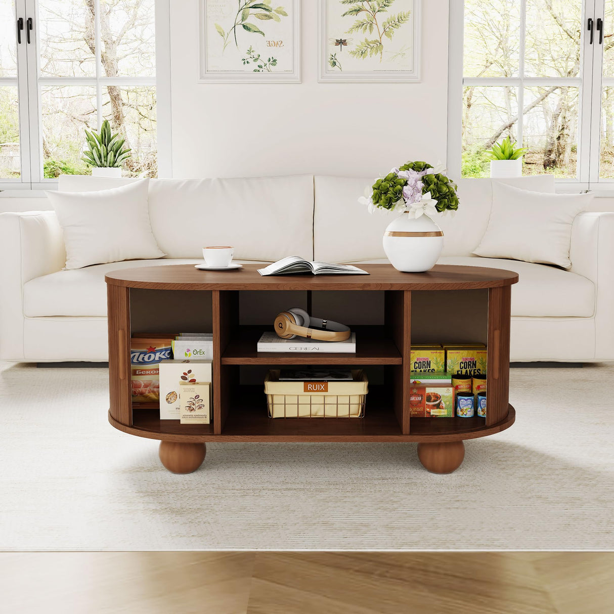 QEIUZON Rectangle Coffee Table, Fluted Coffee Tables for Living Room, Mid-Century Coffee Table Center Table with Storage & Sliding Doors for Apartment, Home Office (Walnut) QEIUZON