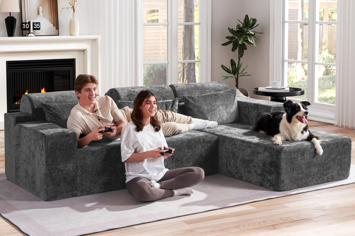 Homguava Modular Sectional Couches for Living Room,105" Cloud Couch with L-Shape Chaise,Comfy Sofa Living Room Couch with Deep Seat,No Assembly L Couch,Luxury Distressed Velvet(Grey,R) Homguava