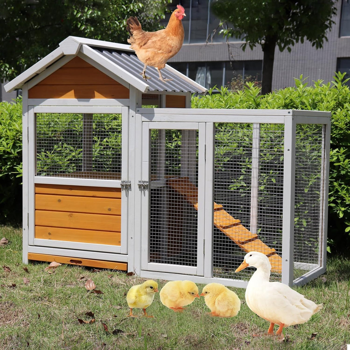 Oykomeoko 48" L Outdoor Duck Coop Wooden Chicken Coop with Nest Box PVC Waterproof Roof (Yellow Brown)(11746) oykomeoko