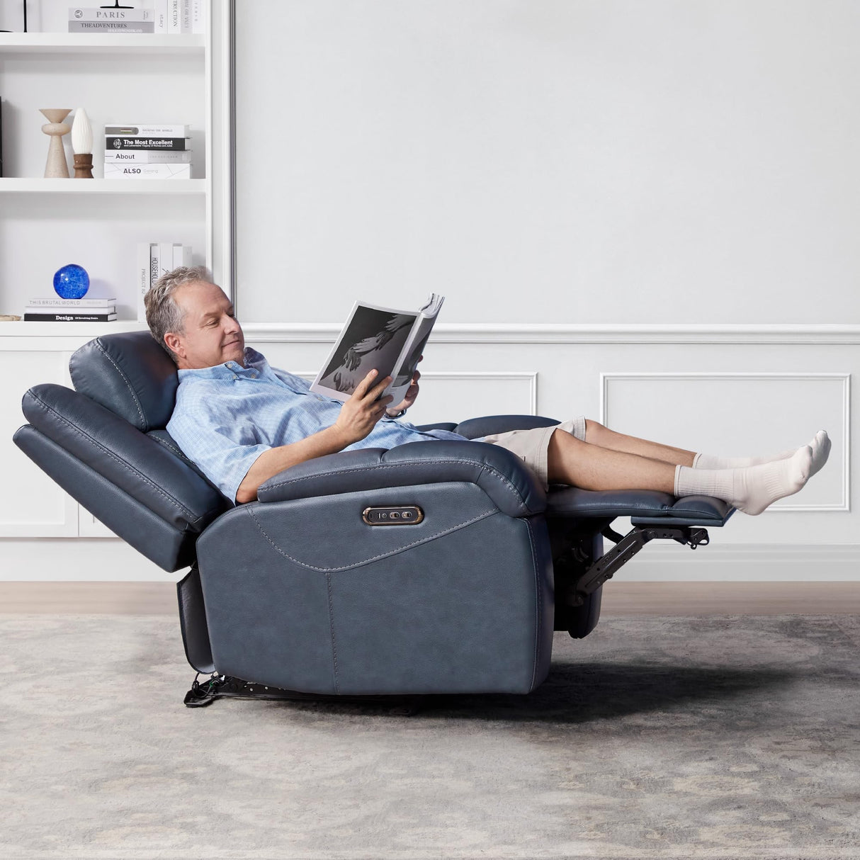 Watson & Whitely Oversized Genuine Leather Power Recliner Chairs for Big and Tall, Wall Hugger Recliner with Power Headrest & Charging Ports, Extra Large Reclining Chair for Living Room, Navy Blue Watson & Whitely