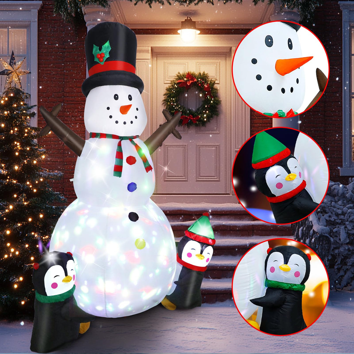 Dawdix 8FT Christmas Decs Inflatable Snowman, Christmas Blow Up Yard Decs Snowman with Penguins, Built-in Colorful Rotating LED Lights, for Holiday Xmas Party Garden, for Him, Her Dawdix