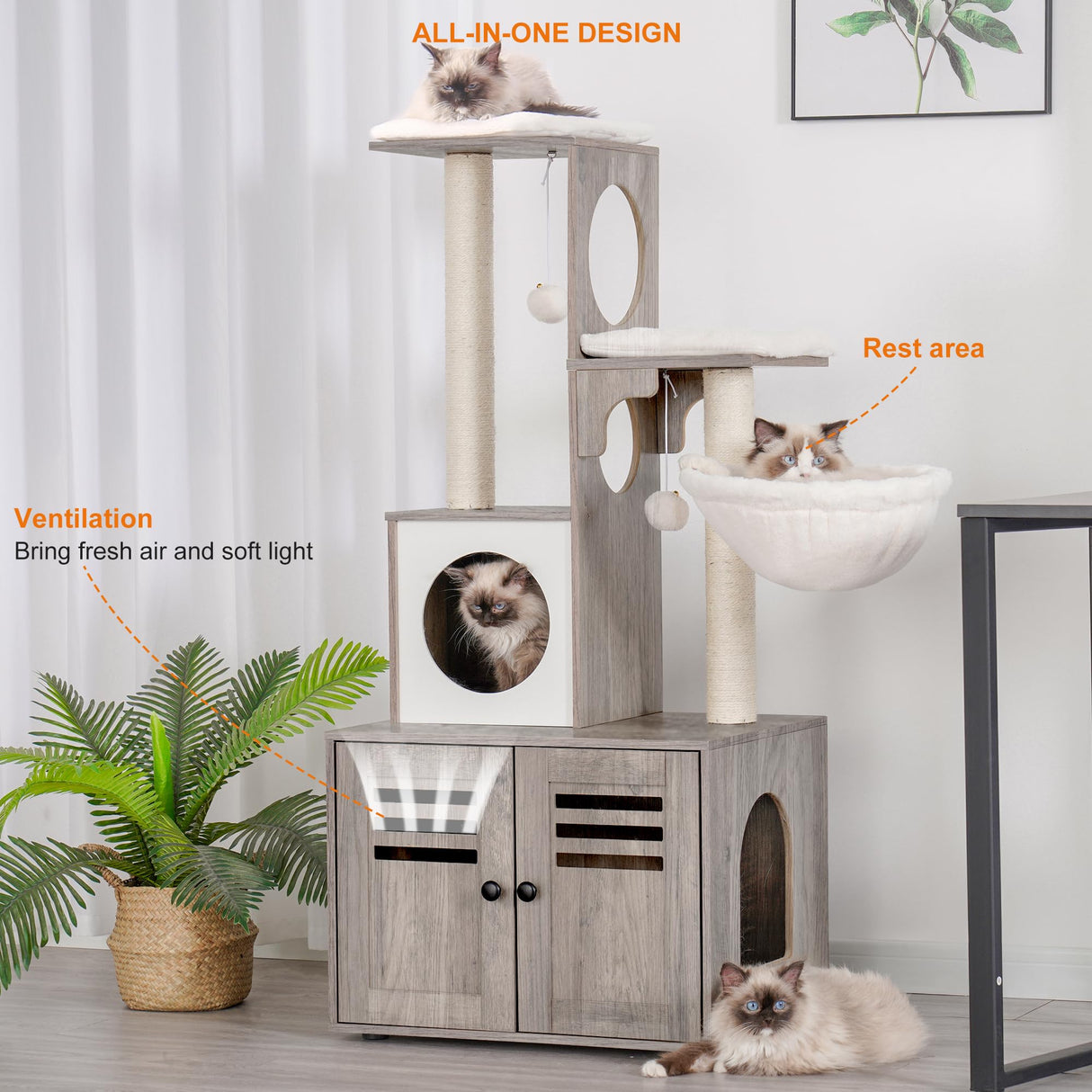 Heybly Cat tree, Wood Litter Box Enclosure with Food Station, All-in-one Indoor Cat Furniture with Large Platform and Condo, Modern Style Cat Tower, Hammock, Rustic Brown HCT103SG Heybly