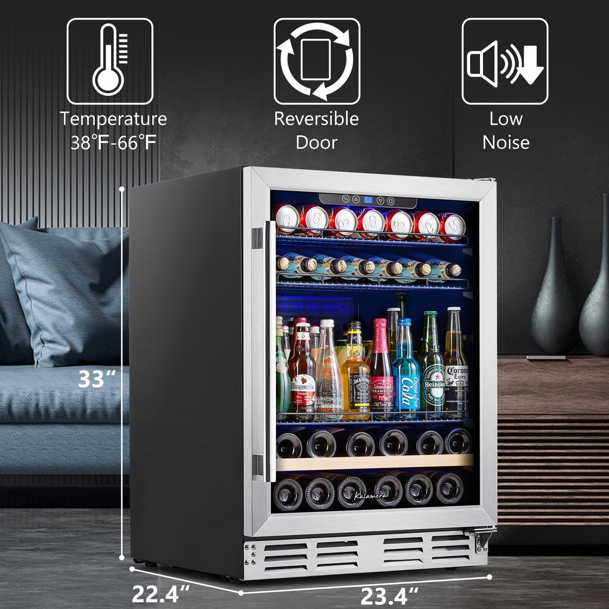 Beverage Fridge 24 Inch Beverage and Wine Cooler Built-in or Freestanding - 120 Cans & 16 Bottles Capacity Wine Refrigerator Cooler Kalamera