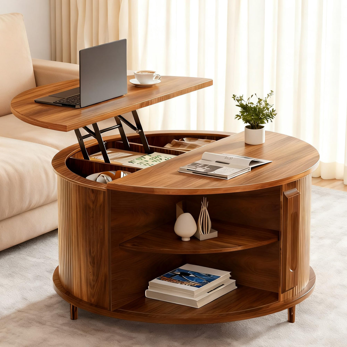 YKVIQBY Round Lift Top Coffee Table, 31.5" Fluted Wood Accent Coffee Table with 180° Curved Sliding Door, Hidden Storage, Mid Century Modern Center Table for Living Room Office Small Spaces, Walnut YKVIQBY