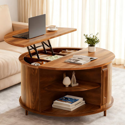 YKVIQBY Round Lift Top Coffee Table, 31.5" Fluted Wood Accent Coffee Table with 180° Curved Sliding Door, Hidden Storage, Mid Century Modern Center Table for Living Room Office Small Spaces, Walnut