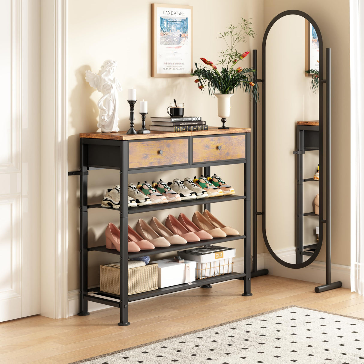 Kitstorack Shoe Rack, 4 Tier Shoe Organizer for 9-12 Pairs of Shoes, with 2 Drawers, 3 Fabric Shelves and Wooden Top, Shoe Rack for Closet Entryway, Rustic Brown Kitstorack