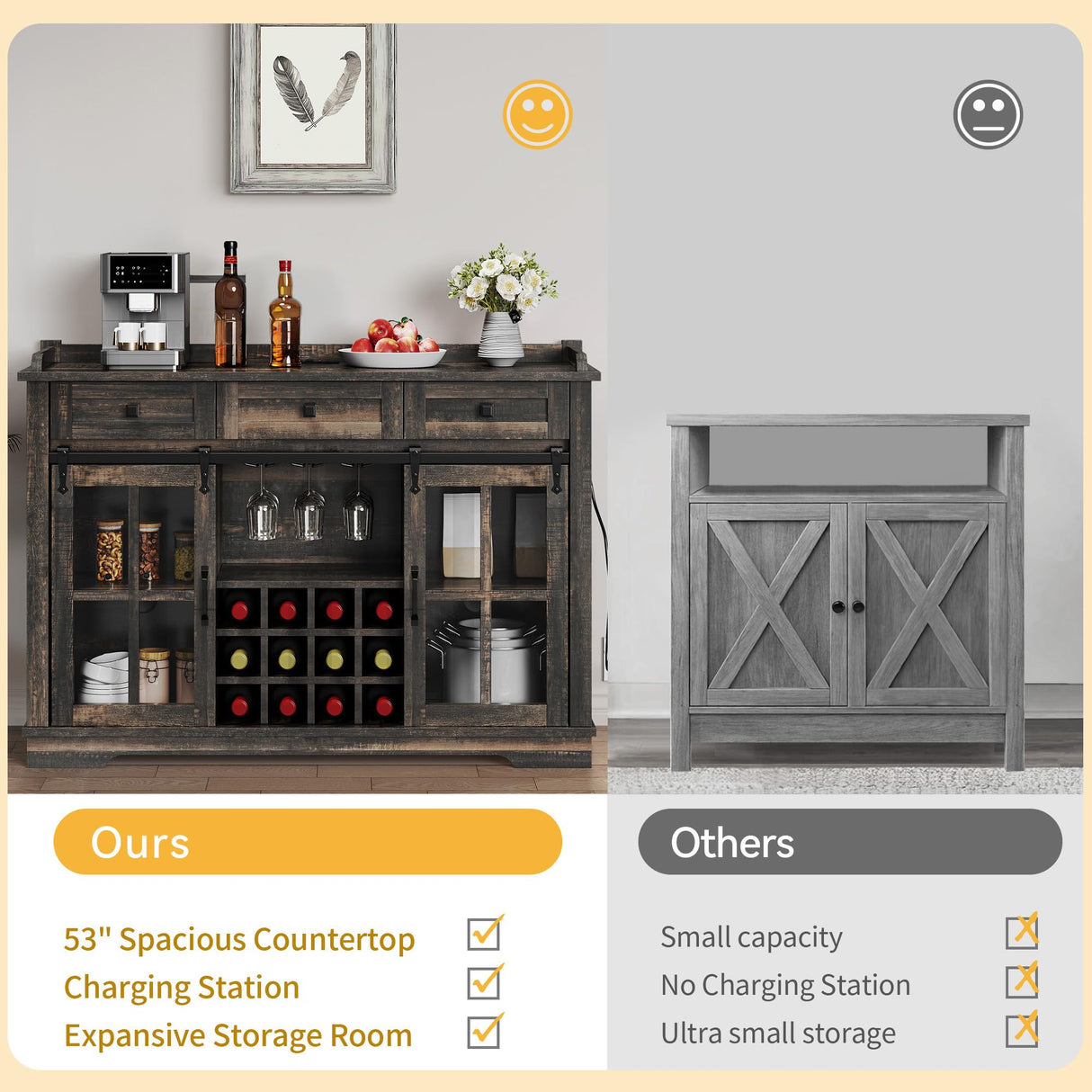 YITAHOME 53" Wine Bar Cabinet for Liquor and Glasses, Farmhouse Kitchen Sideboard Buffet Coffee Bar Cabinets with 3 Drawers and Glass Sliding Barn Door for Kitchen & Living Room, Dark Rustic Oak YITAHOME