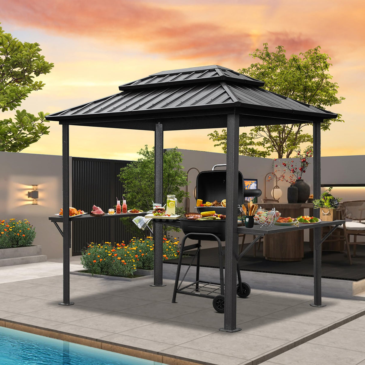 Domi 8’ x 6’ Grill Gazebo, Outdoor Aluminum BBQ Gazebo with 2 Side Shelves, Hardtop Double Roof Permanent Sun Shade with Ceiling Hooks for Patio Deck Yard Garden (Grey) domi outdoor living