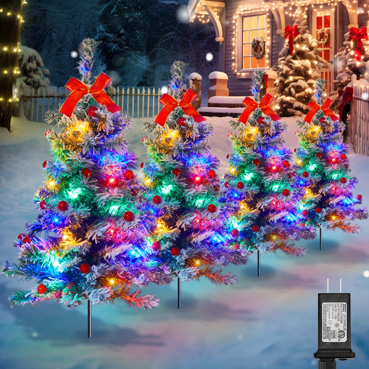 Pathway Christmas Tree, 4 Packs Each 2.5 Ft Snow Flocked Outdoor Xmas Tree Christmas Outdoor Decorations Yard Sidewalk Driveway Walkway Grave Cemetery Christmas Trees Brightown