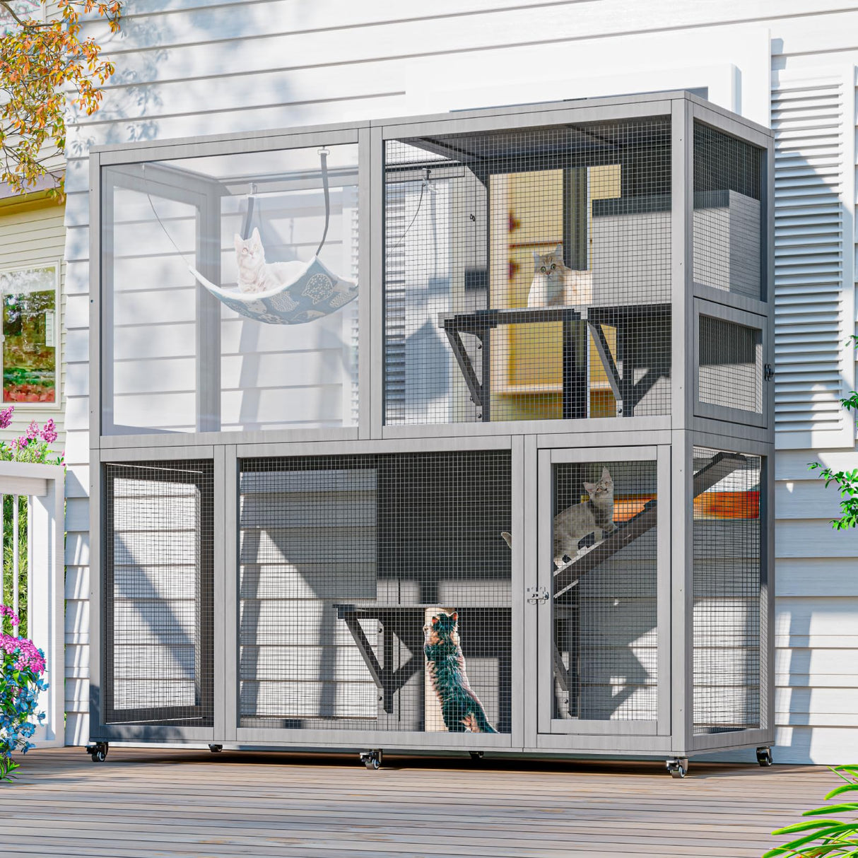 TIMHAKA Large Indoor Catio with Wheels, 4 Tier Cat Enclosures House for Outdoor Sunbathing, 66" Multi-Feature Wooden Kitty Cage for Patio with 4 Access Doors, Gray TIMHAKA