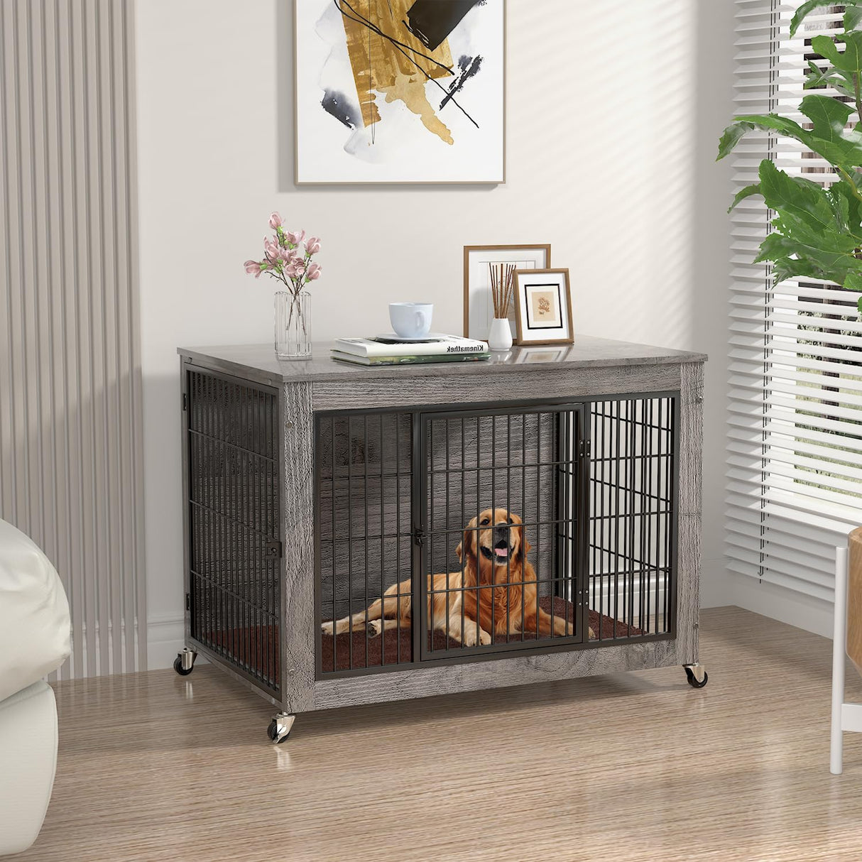 PRETZI Dog Crate Furniture with Cushion,38" Wooden Dog Crate nightstand with Double Doors, Grey Dog Kennel Indoor with Wheels, Decorative Pet Dog House for Small Medium Large Dog PRETZI