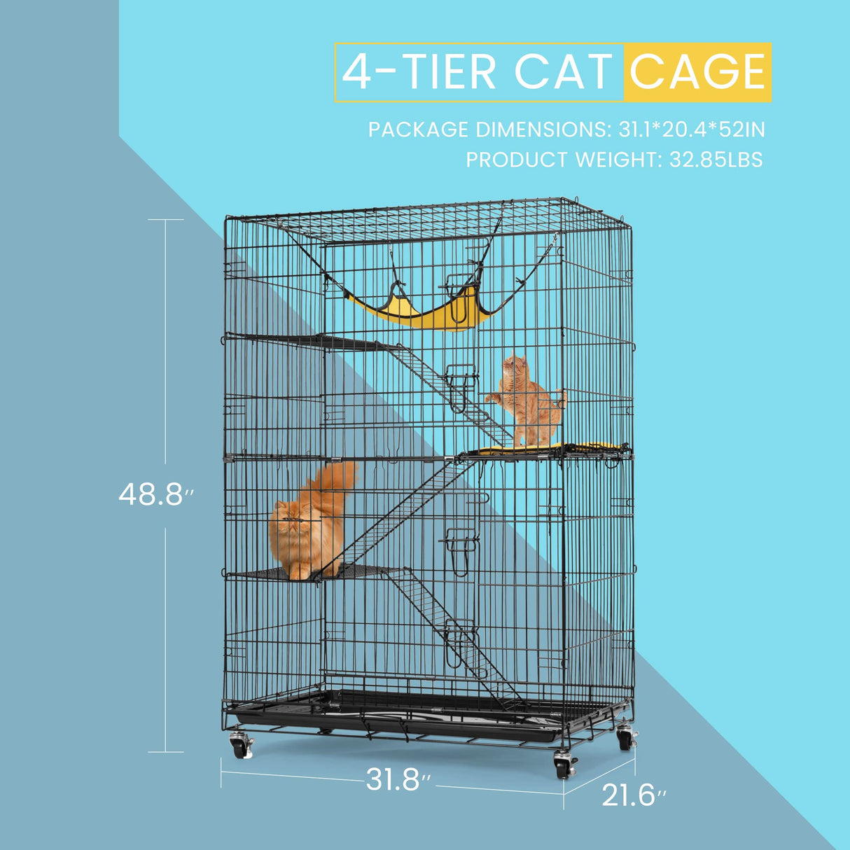 VIVOHOME 4-Tier 49 Inch Collapsible Metal Cat Kitten Ferret Cage 360° Rotating Casters Enclosure Pet Playpen with Ramp Ladders Hammock and Bed Black VIVOHOME