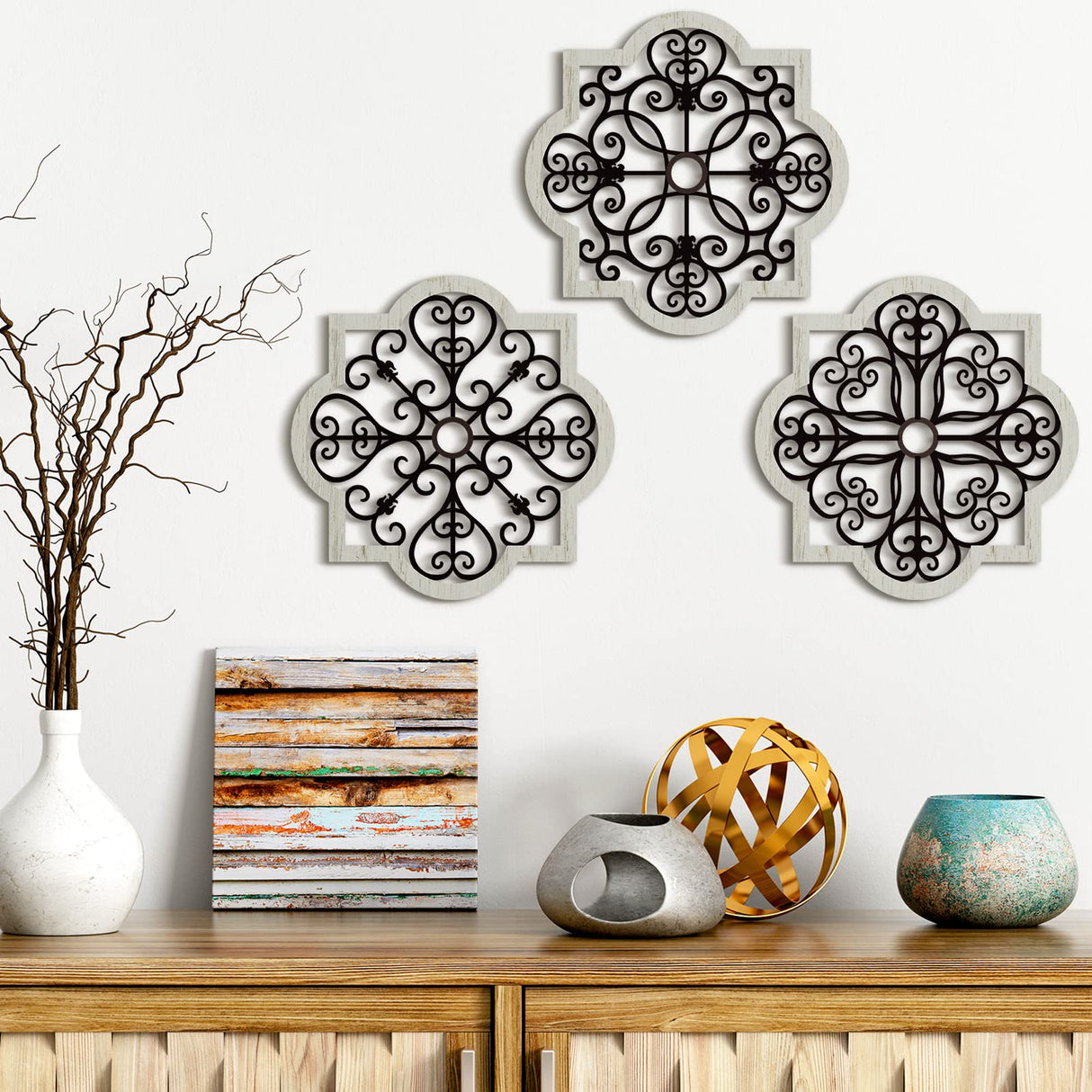 Yulejo 3 Pack Modern Farmhouse Wall Decor Wood Rustic Wall Art Bedroom Decor Geometric Decor Wall Art Farmhouse Hanging Decoration for Living Room Patio Home Indoor Outdoor Office, 12 x 12 Inch Yulejo