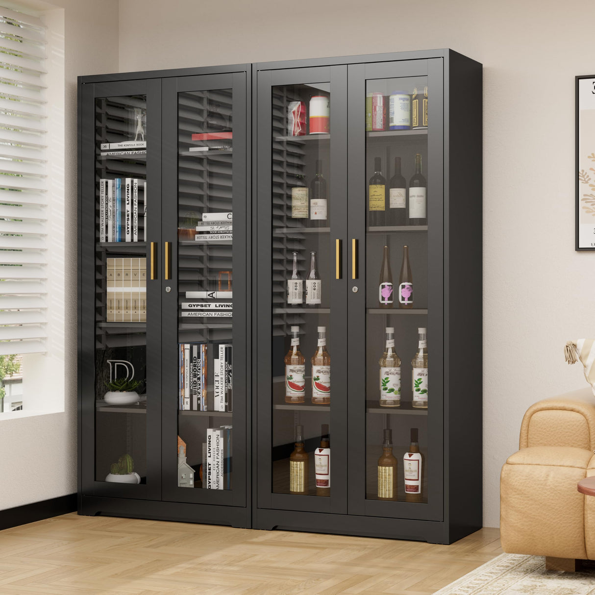 Display Cabinet with Glass Doors,Curio Cabinet with Lock,71" Metal Tall Display Case Cabinet with 4 Adjustable Shelves, Black Bookcase Locking Glass Display Cabinet for Living Room, Kitchen,Commercial SteeLoong