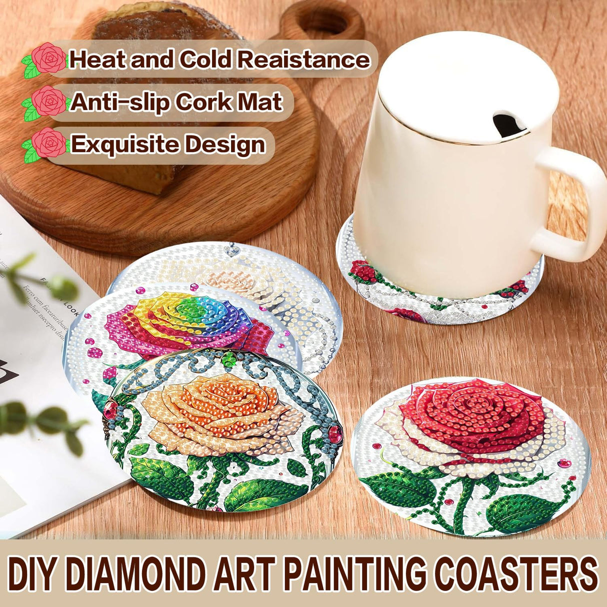 Diamond Art Coasters Kit for Adults, 8 Pcs Rose Diamond Painting Coasters Kit with Holder, DIY Non Slip Art Supplies for Beginners 4x4in Axquilon