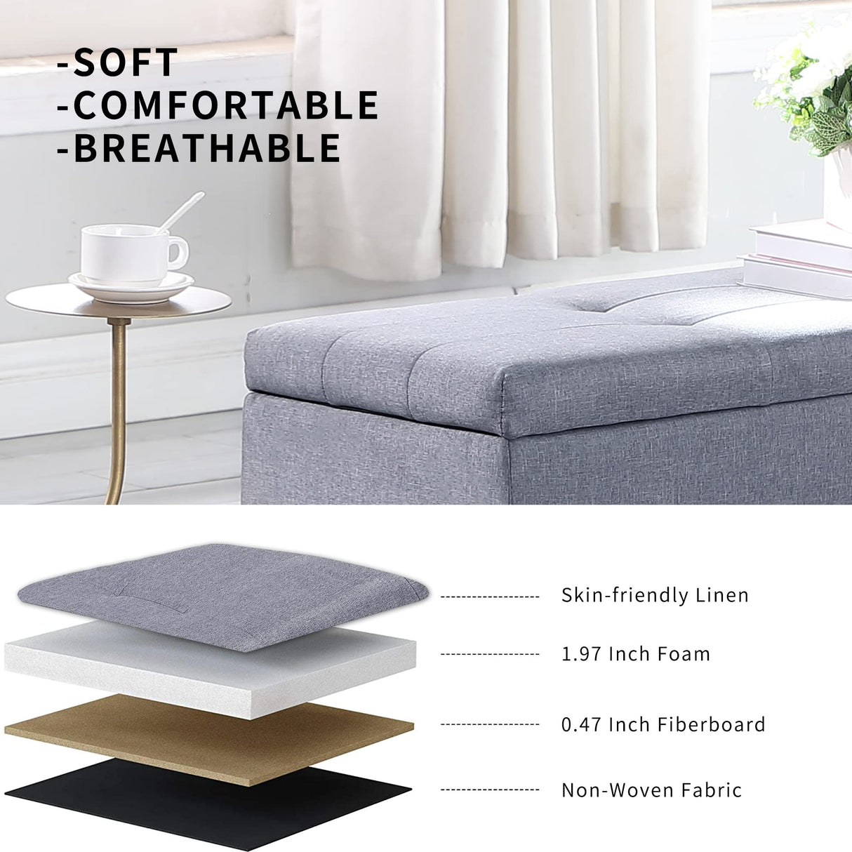 Tassullo Hinged Storage Ottoman Set of 3, 38'' Living Room Storage Bench with Thick Seating, 2pcs Small Square Dorm Stool Couch Side Foot Rest Tassullo