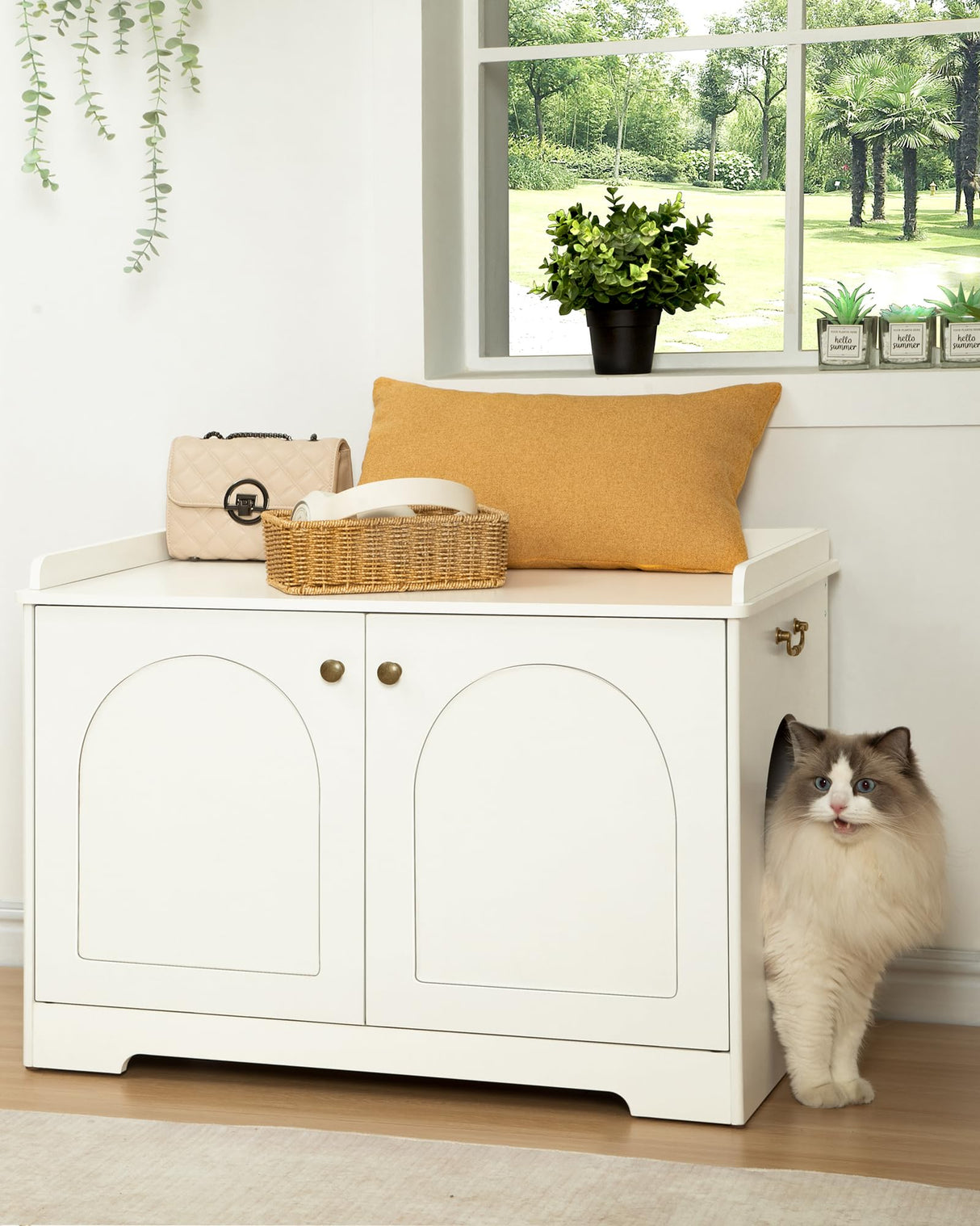 Hzuaneri Cat Litter Box Enclosure with Handles, Hidden Litter Box Furniture with Removable Partition, Wooden Pet House Side End Table, for Living Room, Bedroom, White CB05703X Hzuaneri