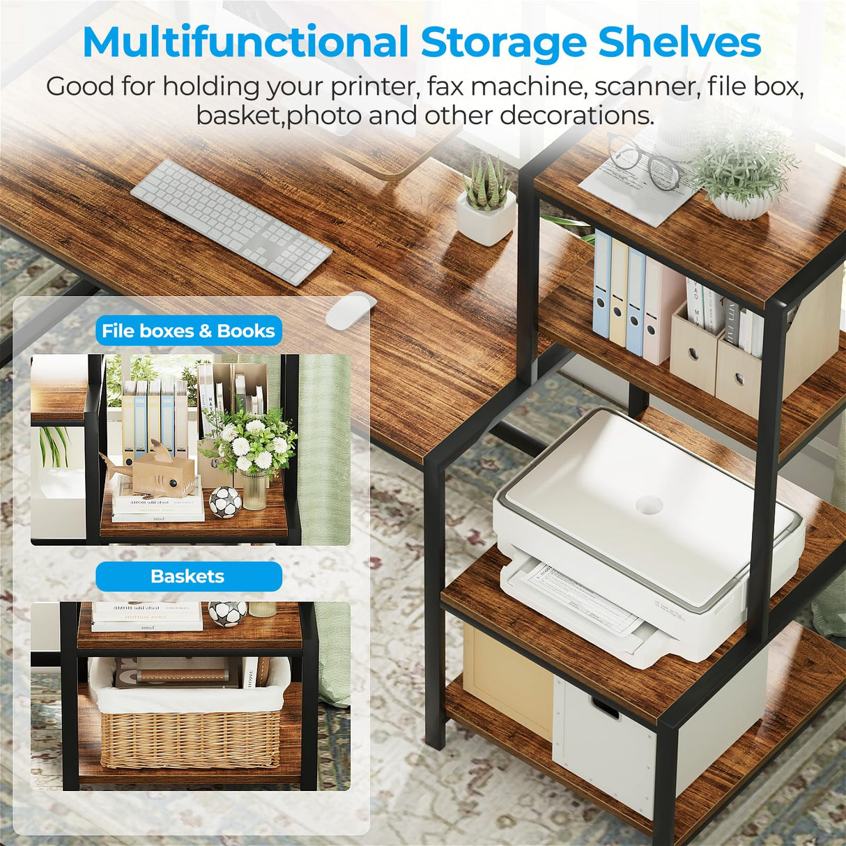 GreenForest Computer Desk 58 inch with Printer Shelf, Reversible Office Desk with Monitor Stand and 2 Hooks, Home Desk Workstation for Study Writing Working Gaming, Brown GreenForest