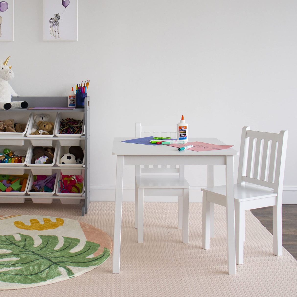Humble Crew, White Kids Wood Square Table and 2 Chairs Set Humble Crew