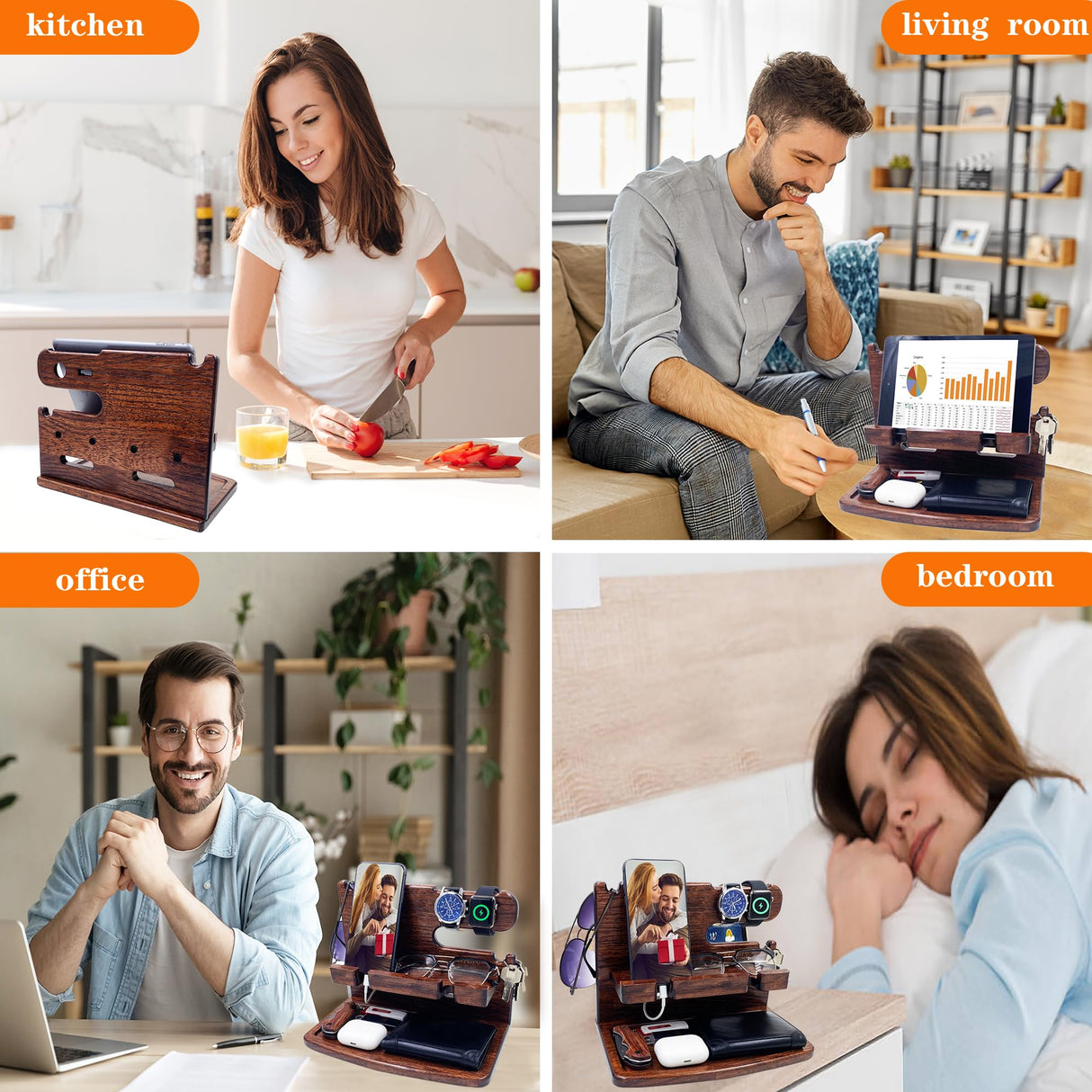 VEIYAILU Gifts for Men Women Dad Husband Boyfriend Wood Phone Docking Station Nightstand Organizer for Men(Dark Brown) VEIYAILU