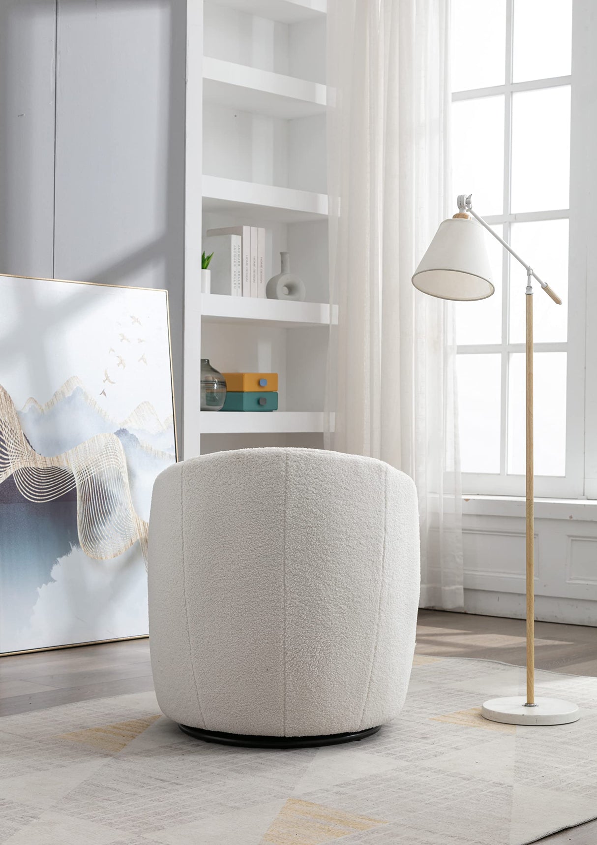 INMOZATA Swivel Barrel Chair, Teddy Fabric Swivel Accent Armchair Barrel Chair with Metal Base, Upholstered Comfy 360°Round Single Reading Chair for Living Room Bedroom,Ivory INMOZATA