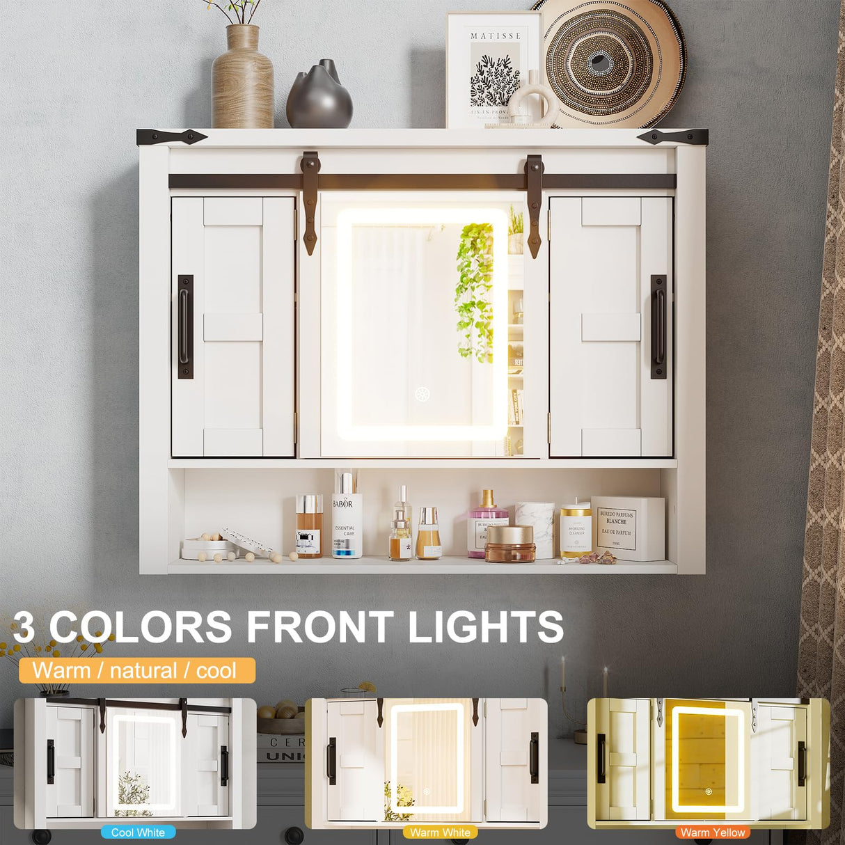 Mirror Medicine Cabinet Wall Mounted,Wall Cabinet with Lights, Bathroom Medicine Cabinet with Sliding Barn Door,Bathroom Vanity Cabinet with 2 Adjustable Shelf,3 Colors Touch LED Lights,White SDMY