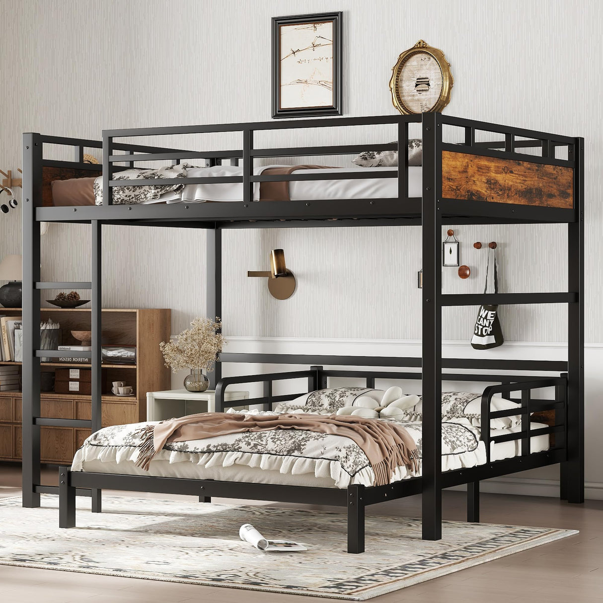 Full Over Full Bunk Bed with Headboard and Full Length Guardrail, Separable Bunk Bed Full Size, Heavy Duty Bunk Beds Can Turns Into Loft Bed and Platform Bed, Black Bellemave