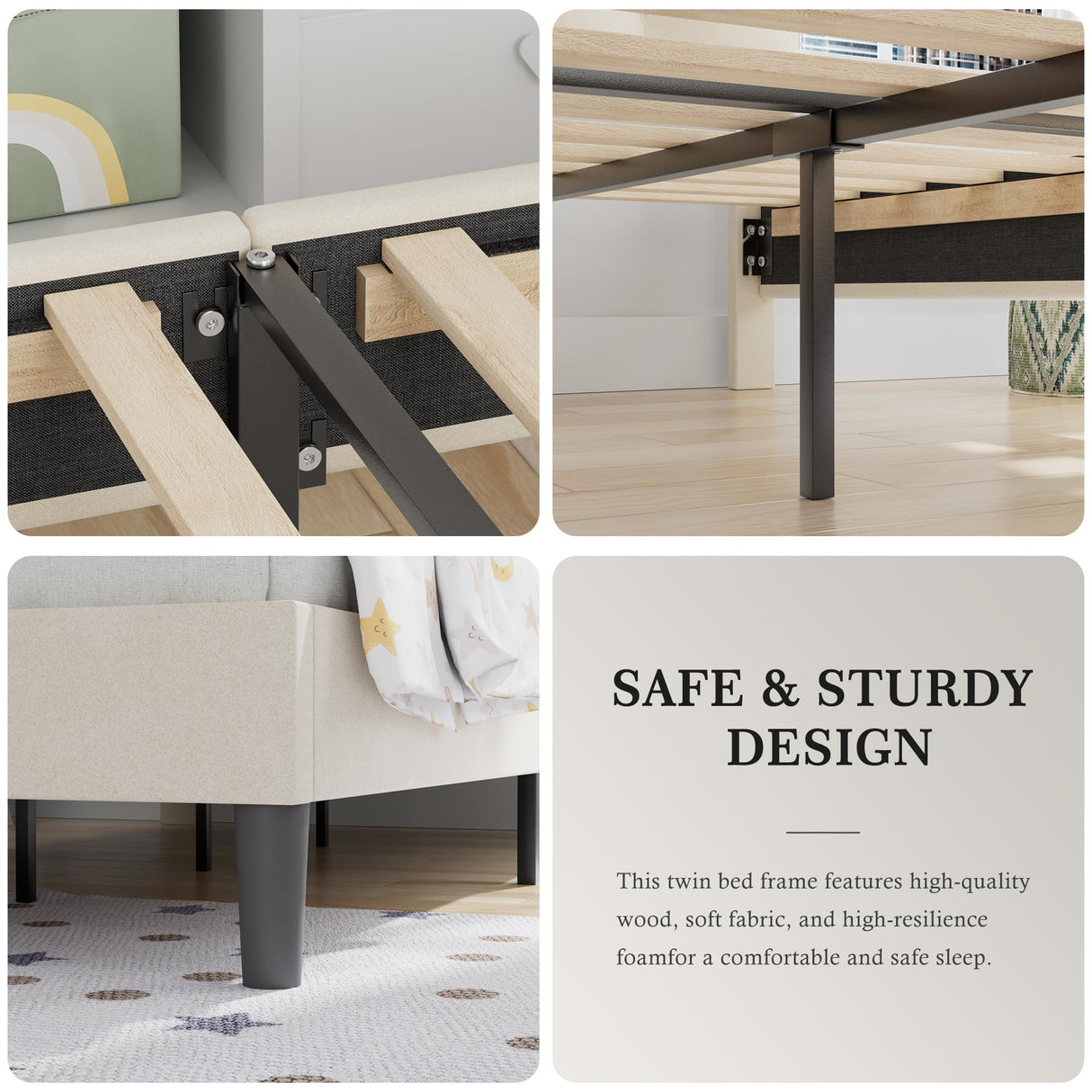 VECELO Twin Bed Frame with Upholstered Headboard, Heavy-Duty Platform Bedframe with Strong Wooden Slats Support, No Boxing Spring Needed, Pale Beige VECELO