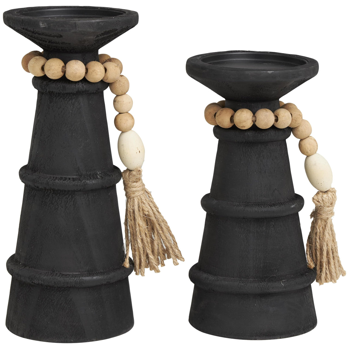 Deco 79 Wood Handmade Decorative Candle Holder Textured Matte Candle Stand with Beaded Garland Accent, Set of 2 Candlestick Holder 10", 8" H, Black Deco 79