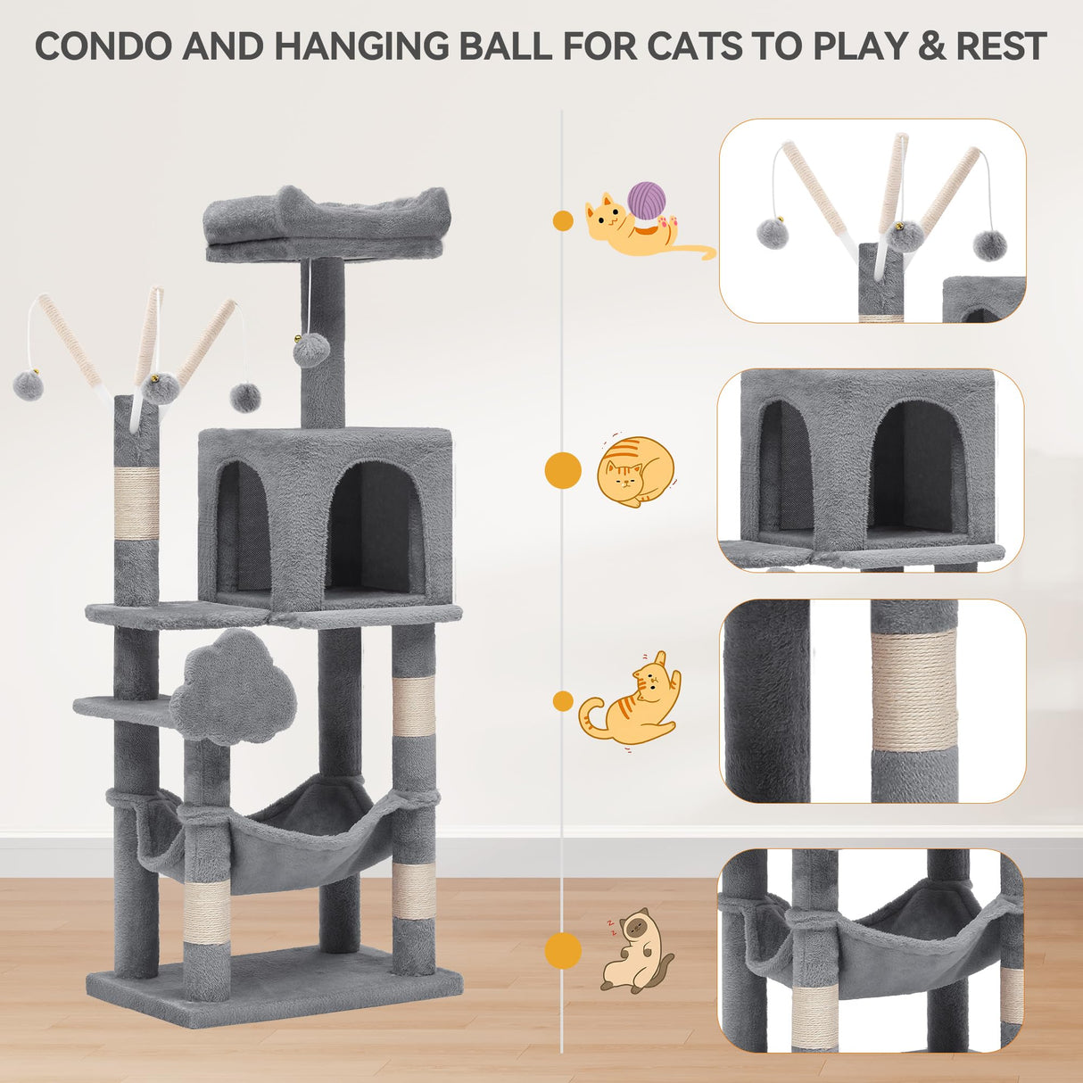 YITAHOME 44in Multi-Level Cat Tree for Indoor Kittens, Cat Furniture with Scratch Posts, Window Padded Plush Perch, Comfortable Hammock, and Interactive Pompoms, Light Gray YITAHOME