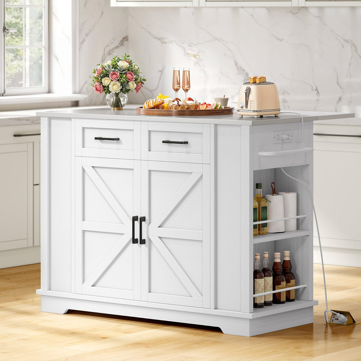 YITAHOME Kitchen Island with Stainless Steel Top & Drop Leaf, 47 Inch Kitchen Island on Wheels with Power Outlet, Rolling Portable Mobile Kitchen Cart w Storage Drawer Cabinet Counter Metal Top, White YITAHOME