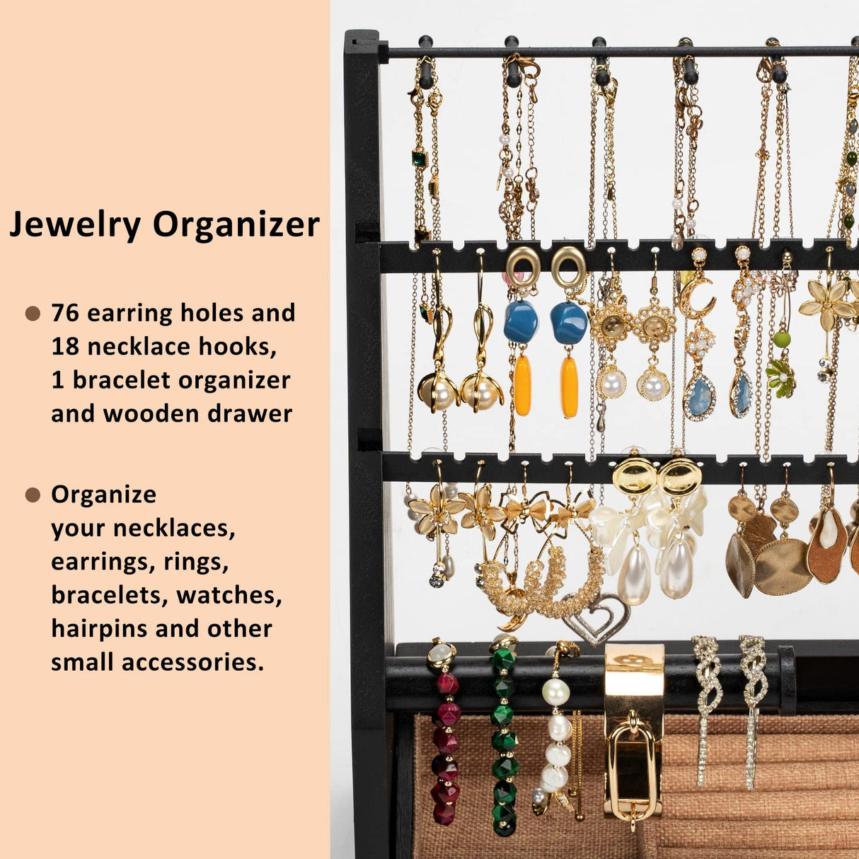 DGWJSU Earring Organizer, 5 Layer Earring Holder Organizer with Necklace Holder, Rustic Wood Jewelry Organizer Stand Display for Stud Earring Bracelet Necklace Ring, Watches DGWJSU