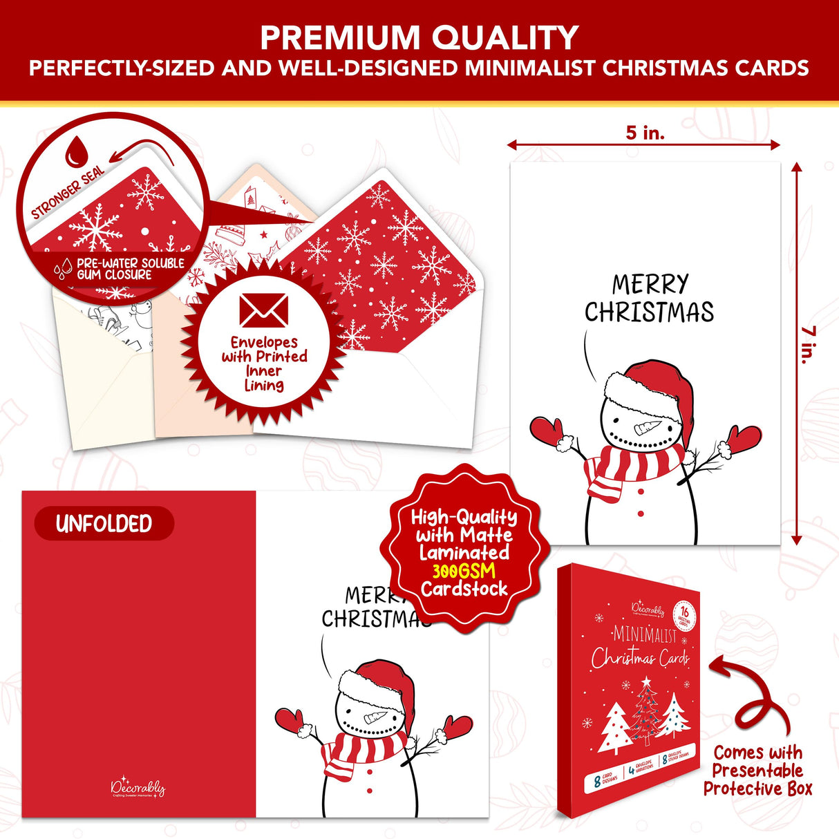 Decorably 16 Pack 5x7in Minimalist Pack of Assorted Christmas Cards with Envelopes and Stickers, 8 Designs Christmas Card with Envelopes with Printed Message Inside Decorably