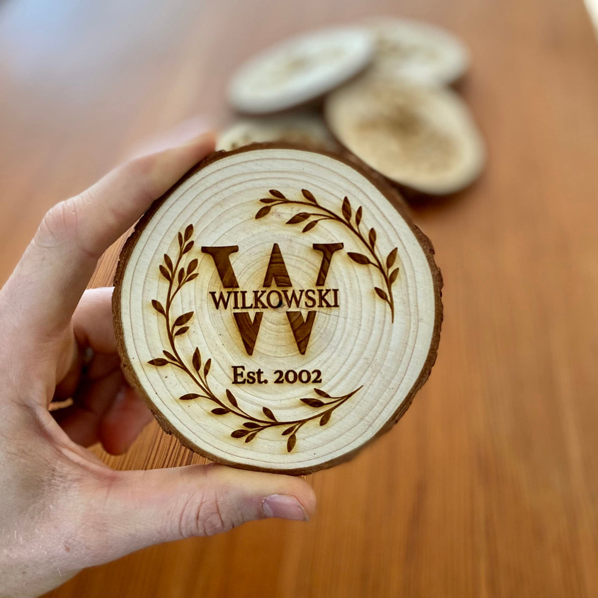 Monogrammed Name Engraved Wood Coaster Set - Set of 4 - Perfect Valentine's Day, Wedding, Engagement, Anniversary, or Christmas Present Generic