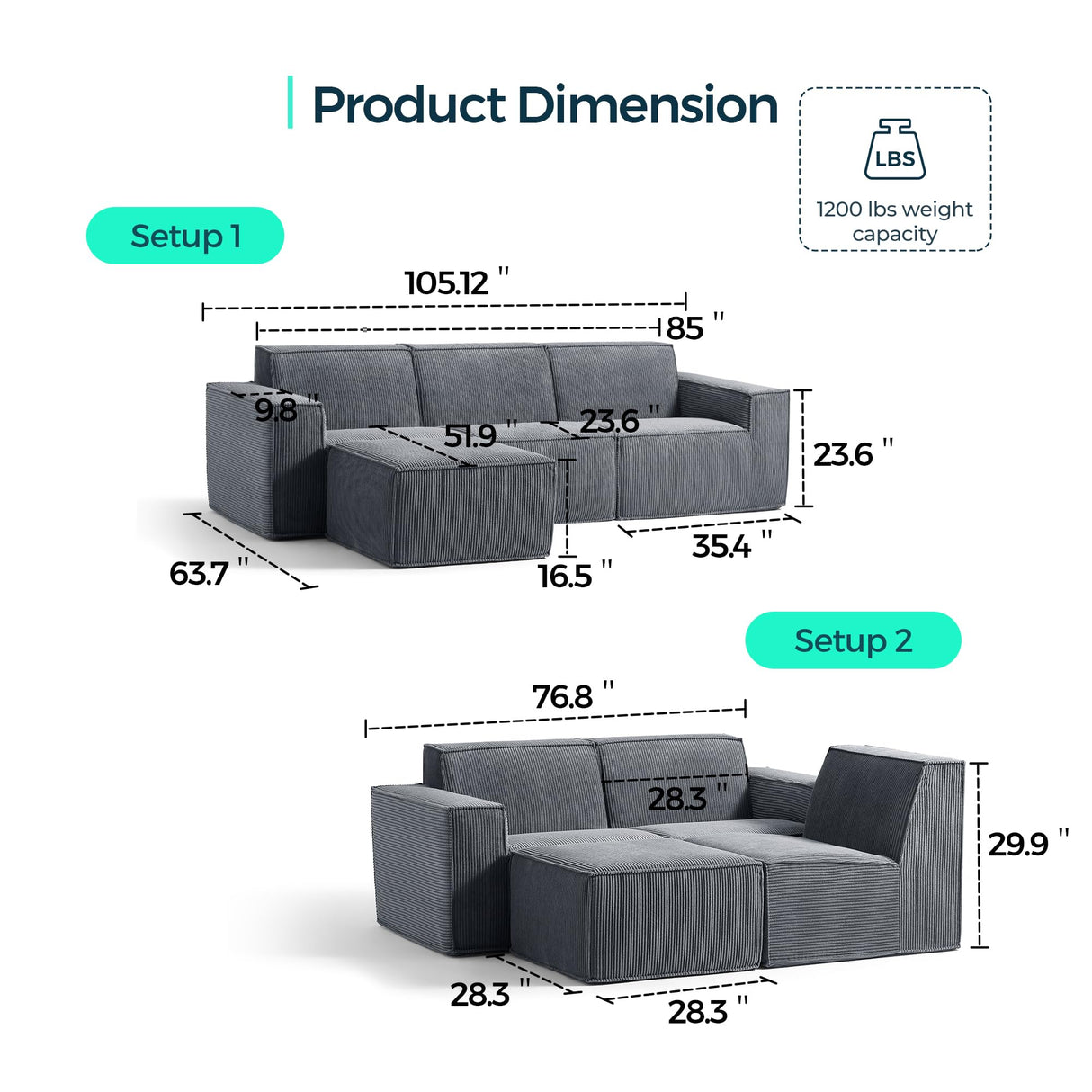 LINSY HOME Oversized Modular Sectional Sofa, 105" Cloud Couch L Shaped 3-Seat Sofa with Ottoman, Corduroy Deep Seat Modular Couches for Living Room, No Assembly Required, Bluish Grey LINSY HOME